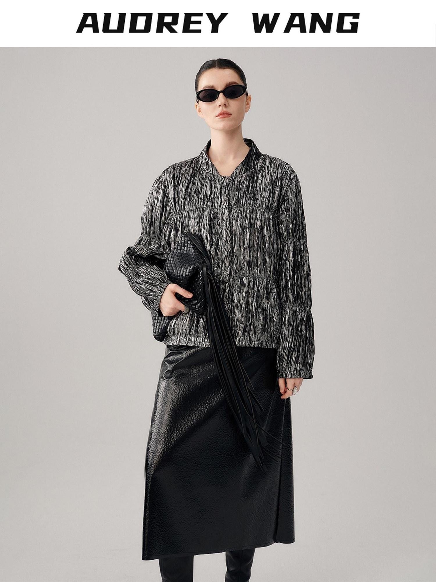 audreyyang Original Design Pleated Loose Fit Womens Cropped Silver Bomber Jackets