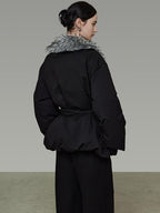 unspoken Premium Warm 90 White Duck Down Loose Lapel Tie Front Women Black Down Jackets