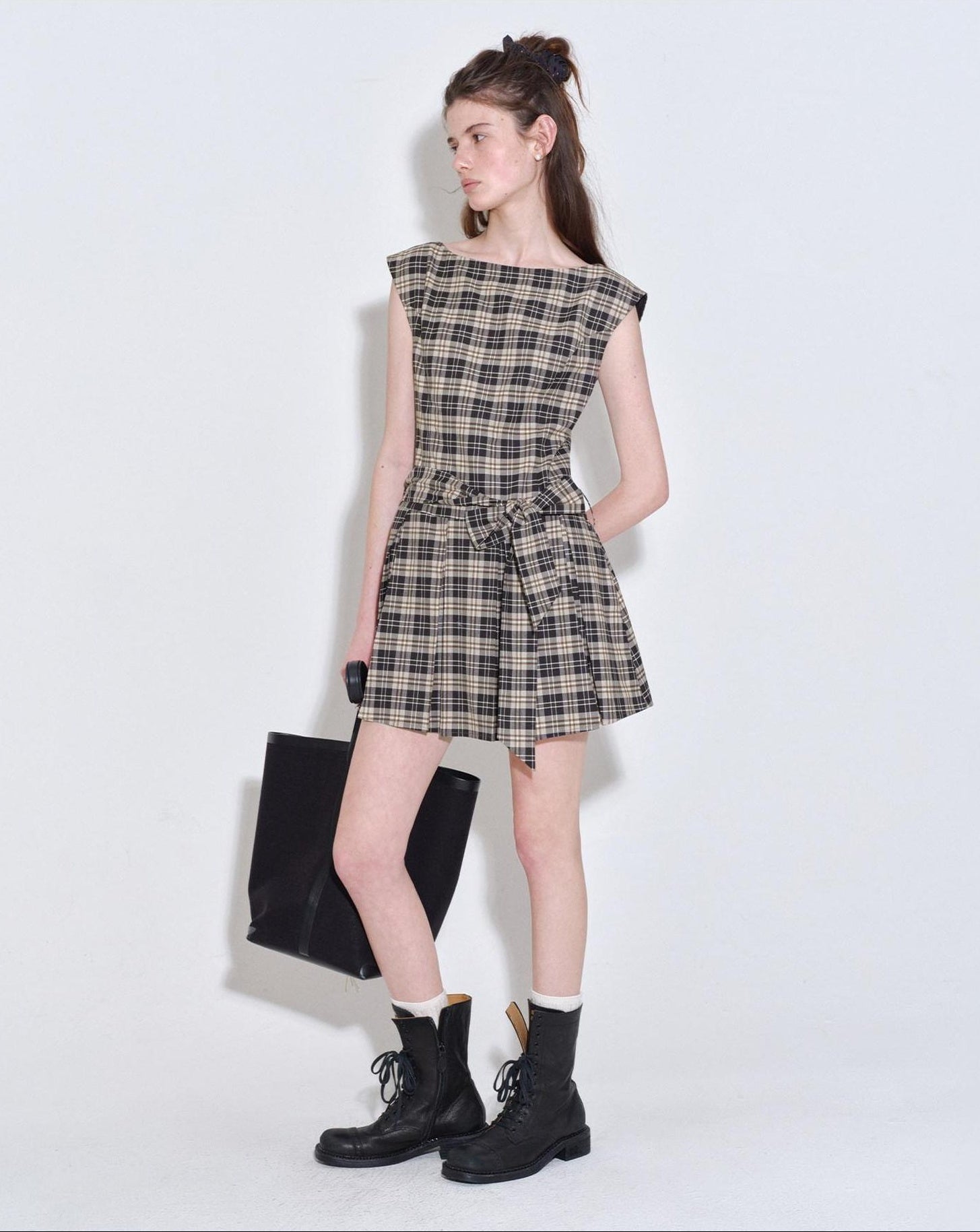 fano Plaid Sleeveless H Line Natural Waist Office Dress For Women Midi Dresses
