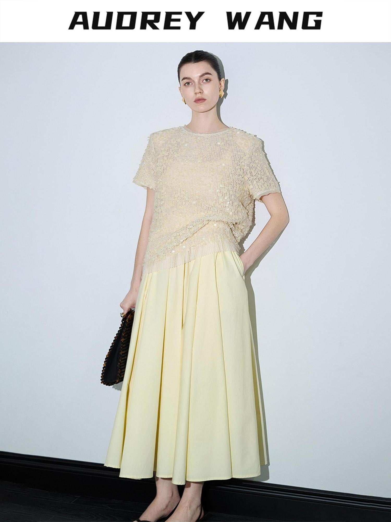 audreyyang 100% Cotton Lined Pleated H Line Mid Waist Bright Yellow Midi Skirts
