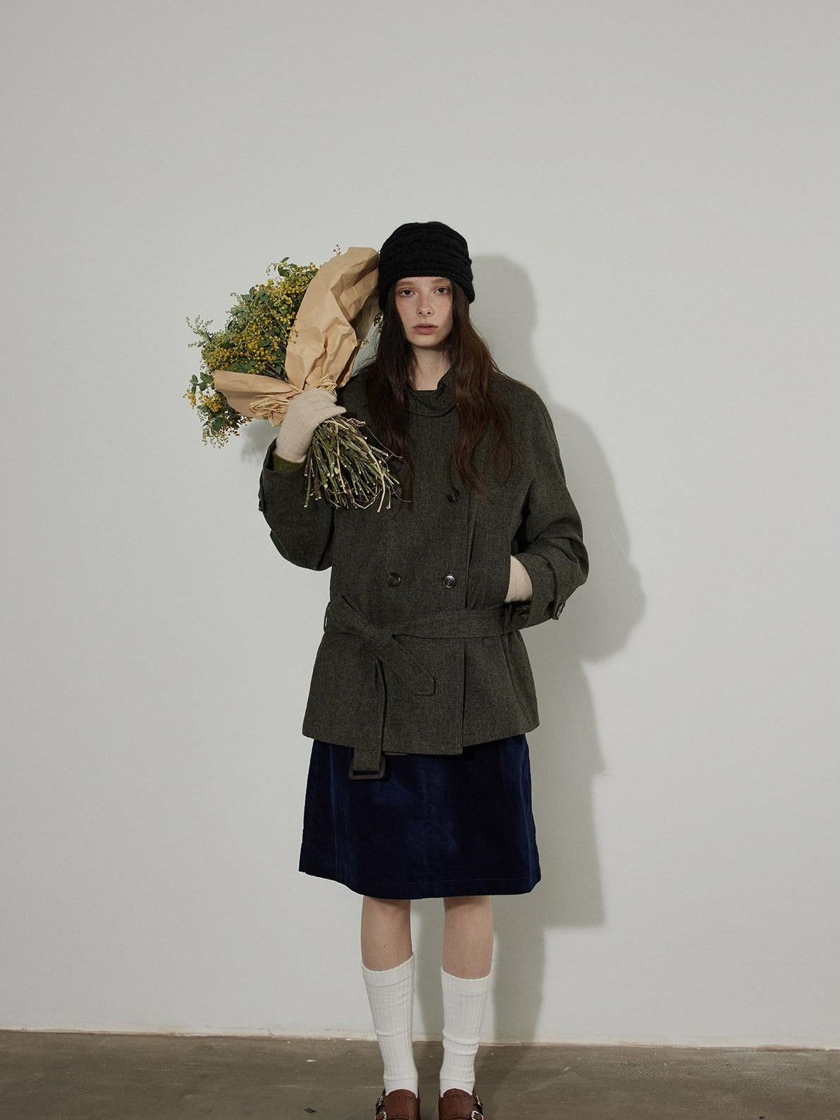 Lofi choose Cotton Pleated Vintage Aline Elastic Waist Loose Workwear Midi Skirts
