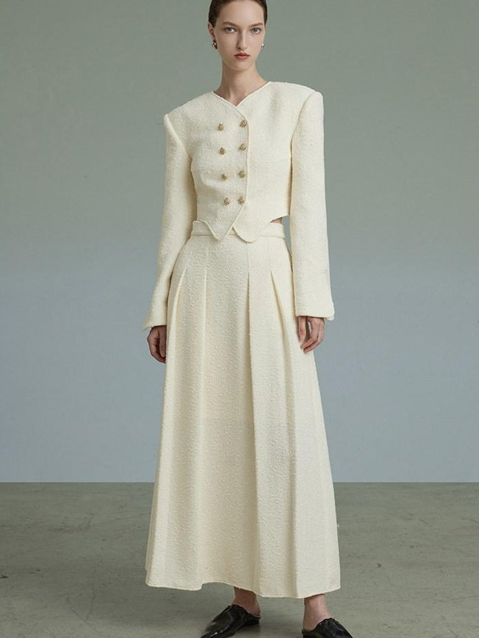 unspoken Original Design Double Breasted Cream Straight Fit Long Sleeve Top & Skirt Sets