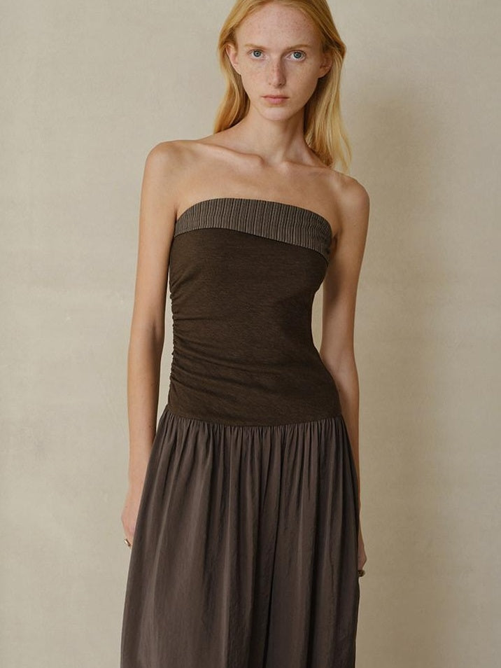 someonesometimes Tencel Modal Splice Slim Off Shoulder Strapless Casual Taupe Maxi Dresses