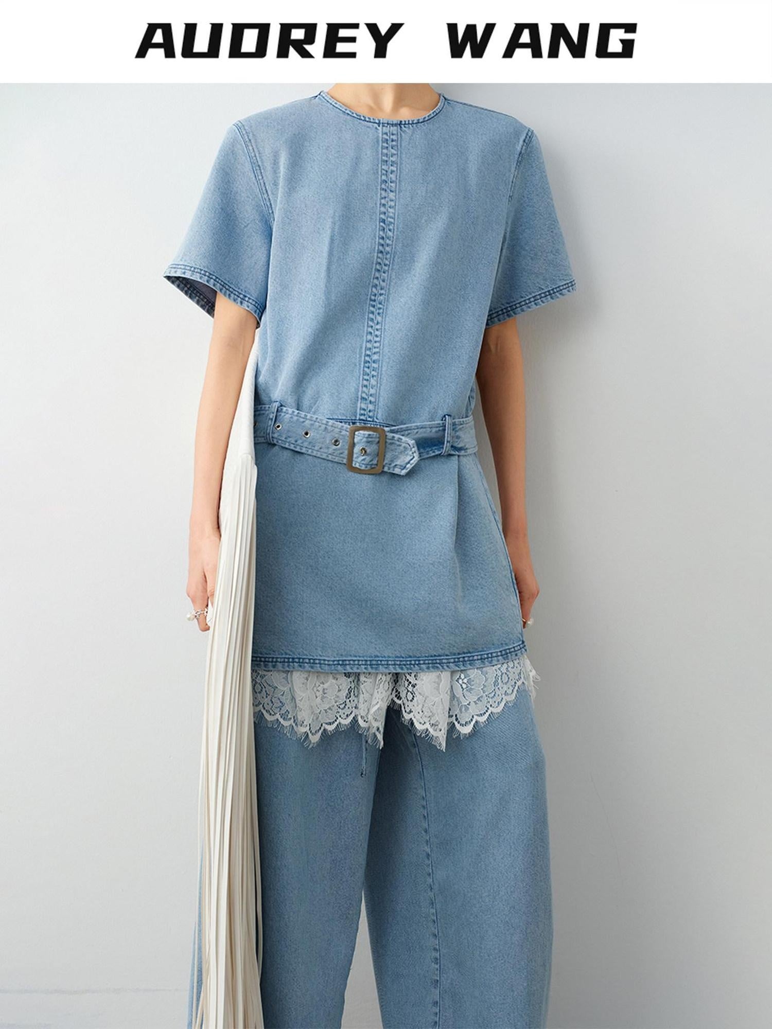 audreyyang Washed Tencel Micro Stretch Straight Fit Denim Blue Casual Short Sleeve T-Shirts