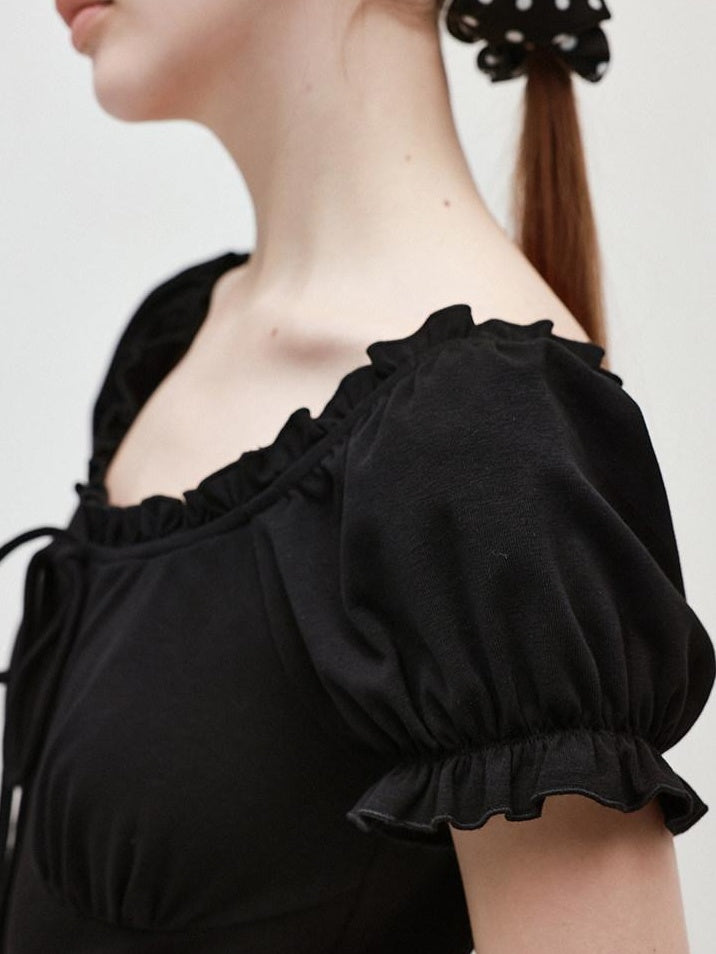 fano Structured High Waist A Line Square Neck Cotton Short Sleeve Black Maxi Dresses