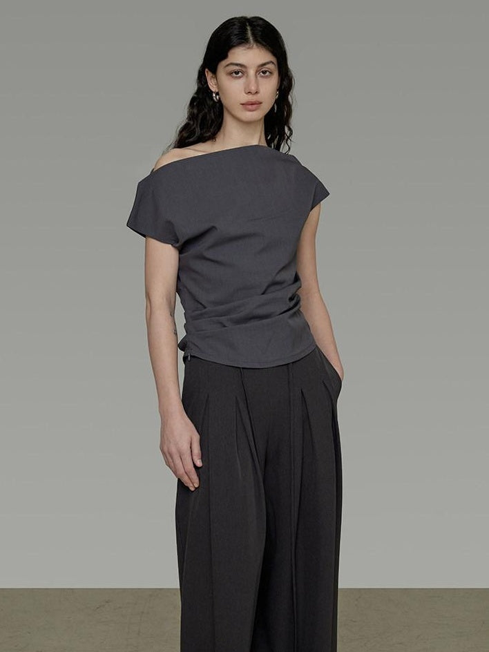 unspoken Asymmetric Neck Pleated Minimal Slim Fit Office Women Polyester Basic Crop Tops
