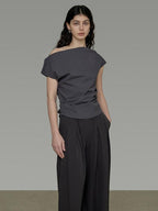 unspoken Asymmetric Neck Pleated Minimal Slim Fit Office Women Polyester Basic Crop Tops
