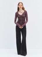 someonesometimes Lyocell Wool Slim Fit V-neck Knit Women Fig Purple Long Sleeve T-Shirts