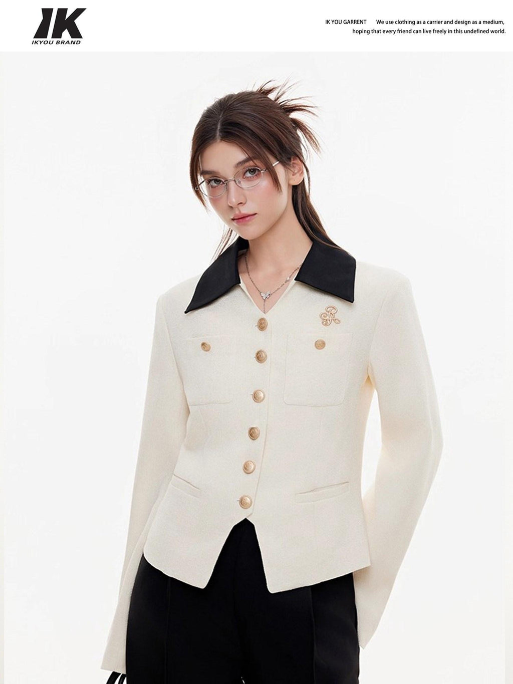 ikyou Office Slim Fit White Lapel Button Multi Pocket Women Cropped Jackets