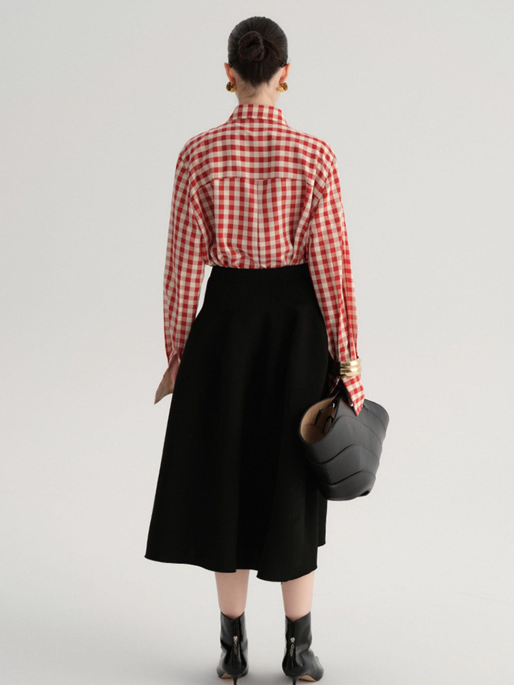 audreyyang Vintage Plaid Loose Fit Long Sleeve Collared Open Front Polyester Women Shirts