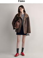 fano Reversible Vintage Straight Stand Collar Women Coffee Brown Short Coat