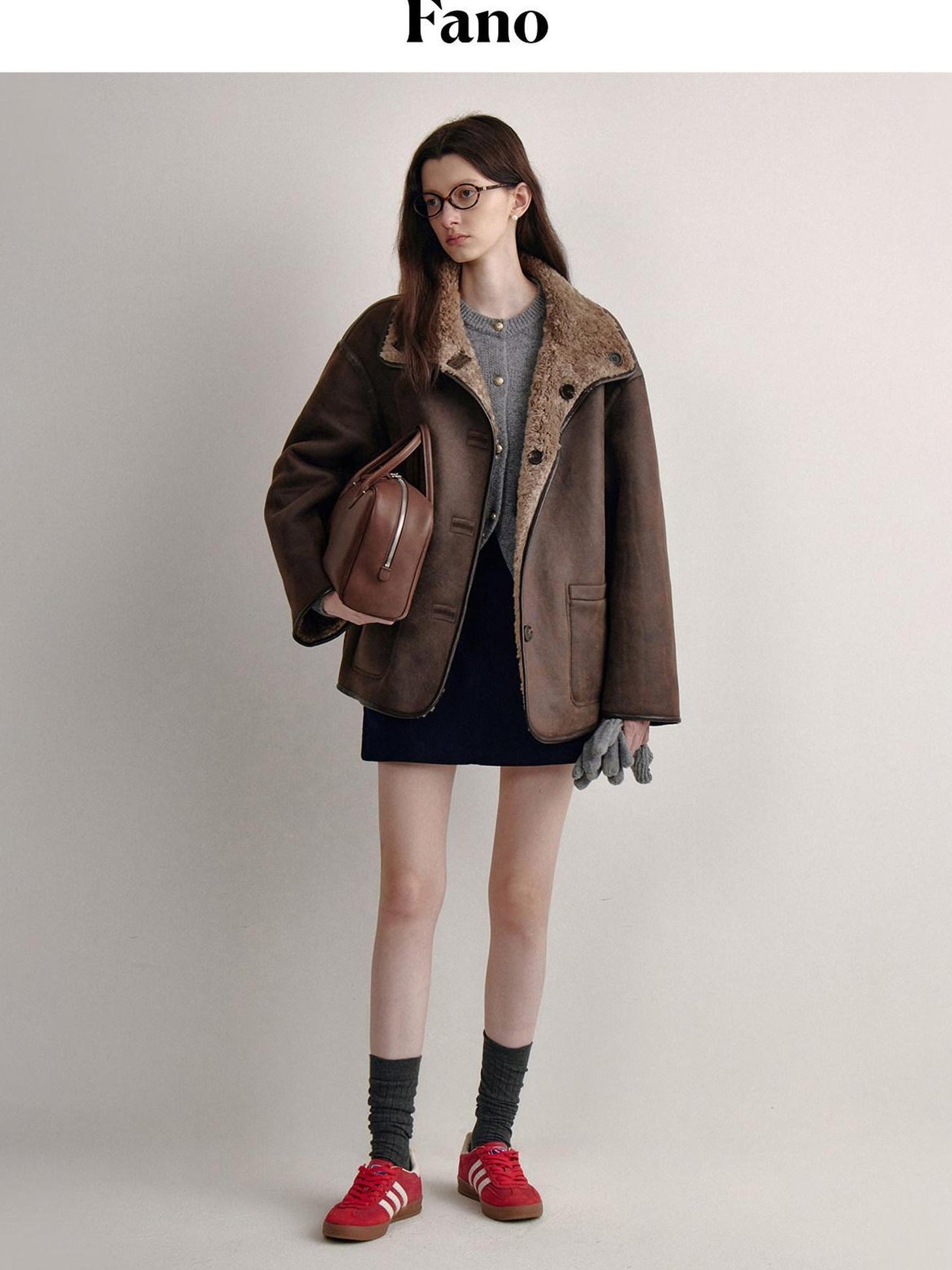 fano Reversible Vintage Straight Stand Collar Women Coffee Brown Short Coat