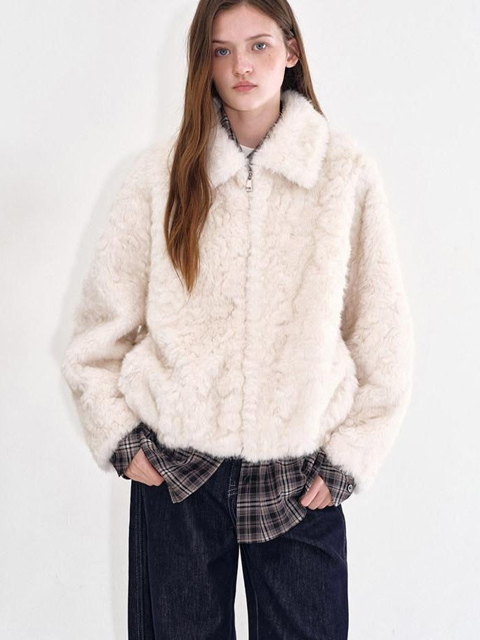 fano Warm Vintage Loose Lapel Zipper Long Sleeve Casual Young Women Ivory Short Coat