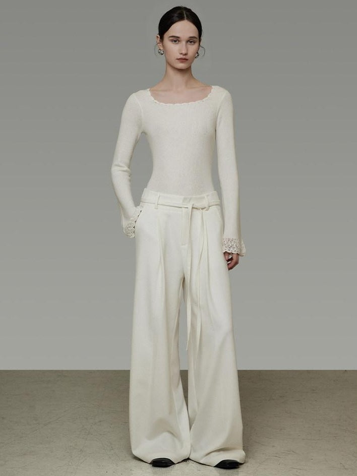 unspoken High Waist Drawstring Minimalist Breathable White Women Wide Leg Pants