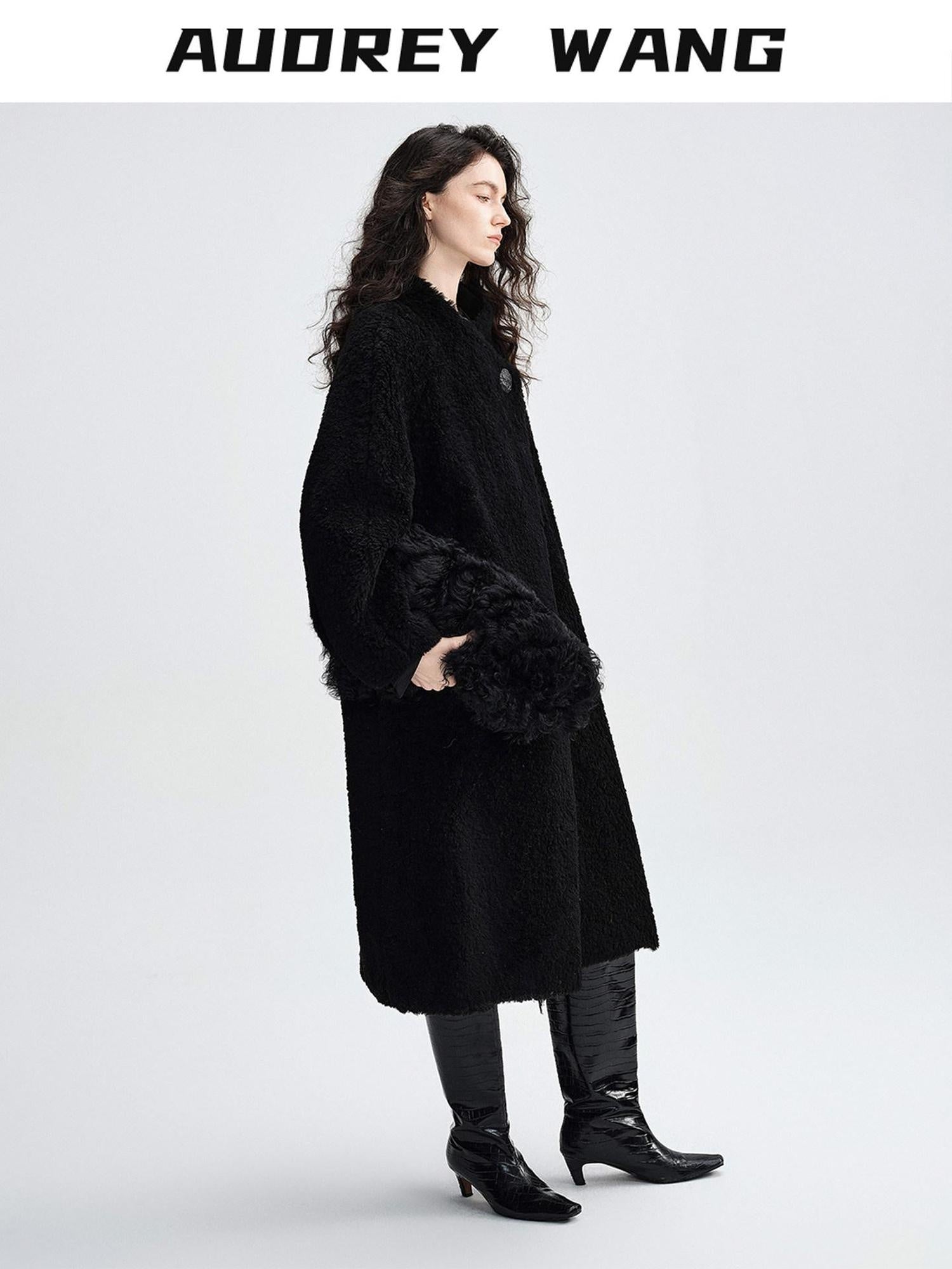 audreyyang Warm Thick Midlength Retro Loose Fit Stand Lamb Collar Women Wool Coats