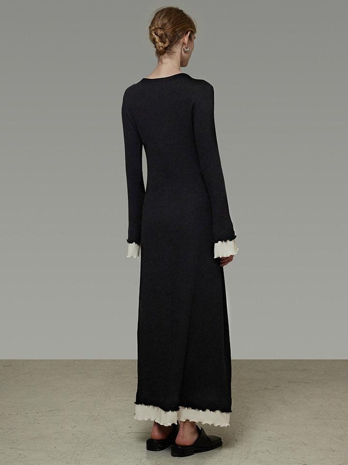 unspoken Slim Waist Colorblock Aline Knit Bell Sleeve Office Women Breathable Maxi Dresses