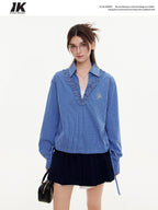 ikyou Slimming Stain Resistant Casual Loose V-neck Embroidered Plaid Commuter Blouses