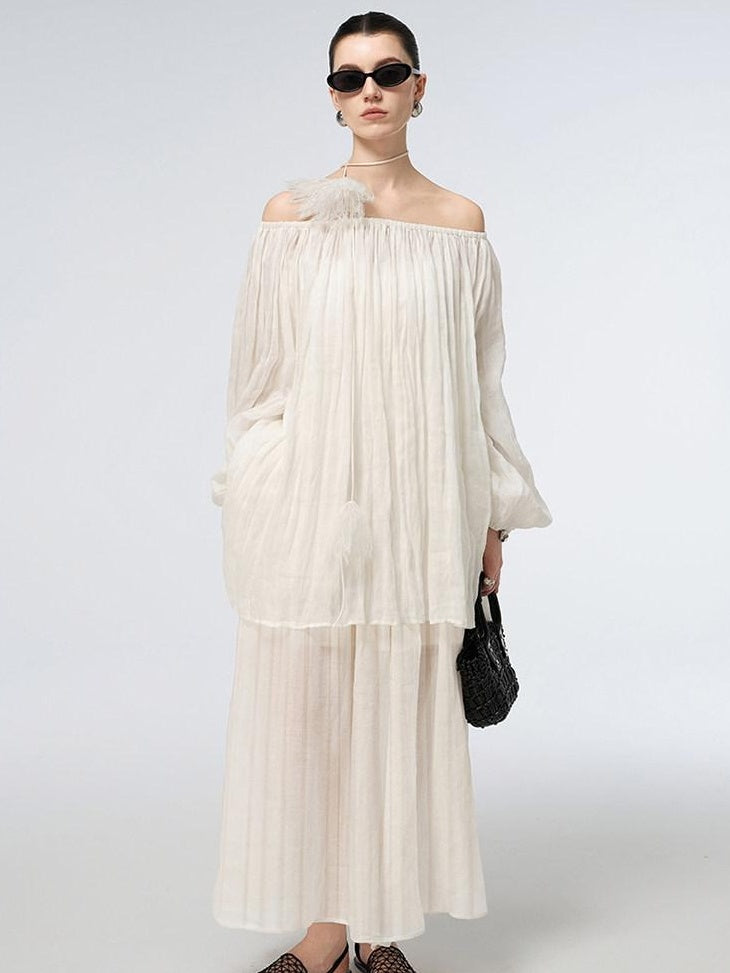audreyyang Linen Long Sleeve Vintage Loose Round Neck Dusty Rose Women Top & Skirt Sets