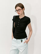 fano Black Slim Fit Half Collar Button Commuter Women Lyocell Short Sleeve T-Shirts