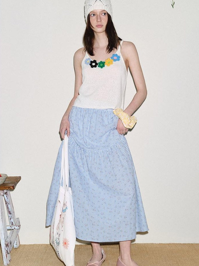 fano Lined 100% Cotton A Line Mid Waist Loose Fit Women Floral Blue Check Maxi Skirts