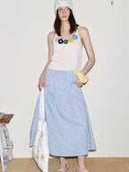 fano Lined 100% Cotton A Line Mid Waist Loose Fit Women Floral Blue Check Maxi Skirts