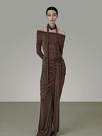 unspoken Slim Pleated Minimalist Workwear Women Pullover Polyester Brown Top & Skirt Sets