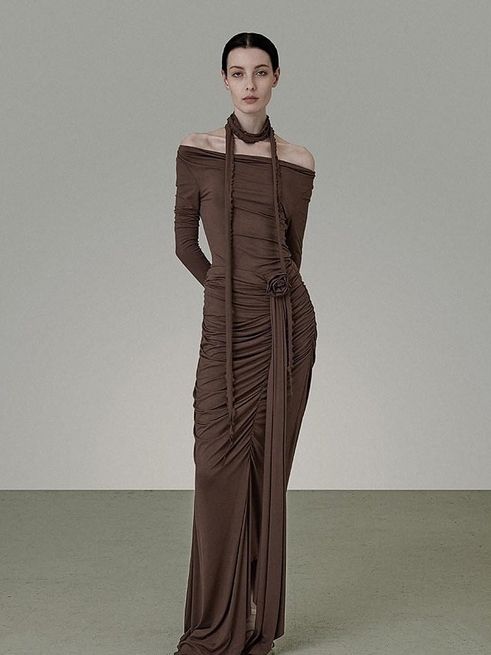 unspoken Slim Pleated Minimalist Workwear Women Pullover Polyester Brown Top & Skirt Sets