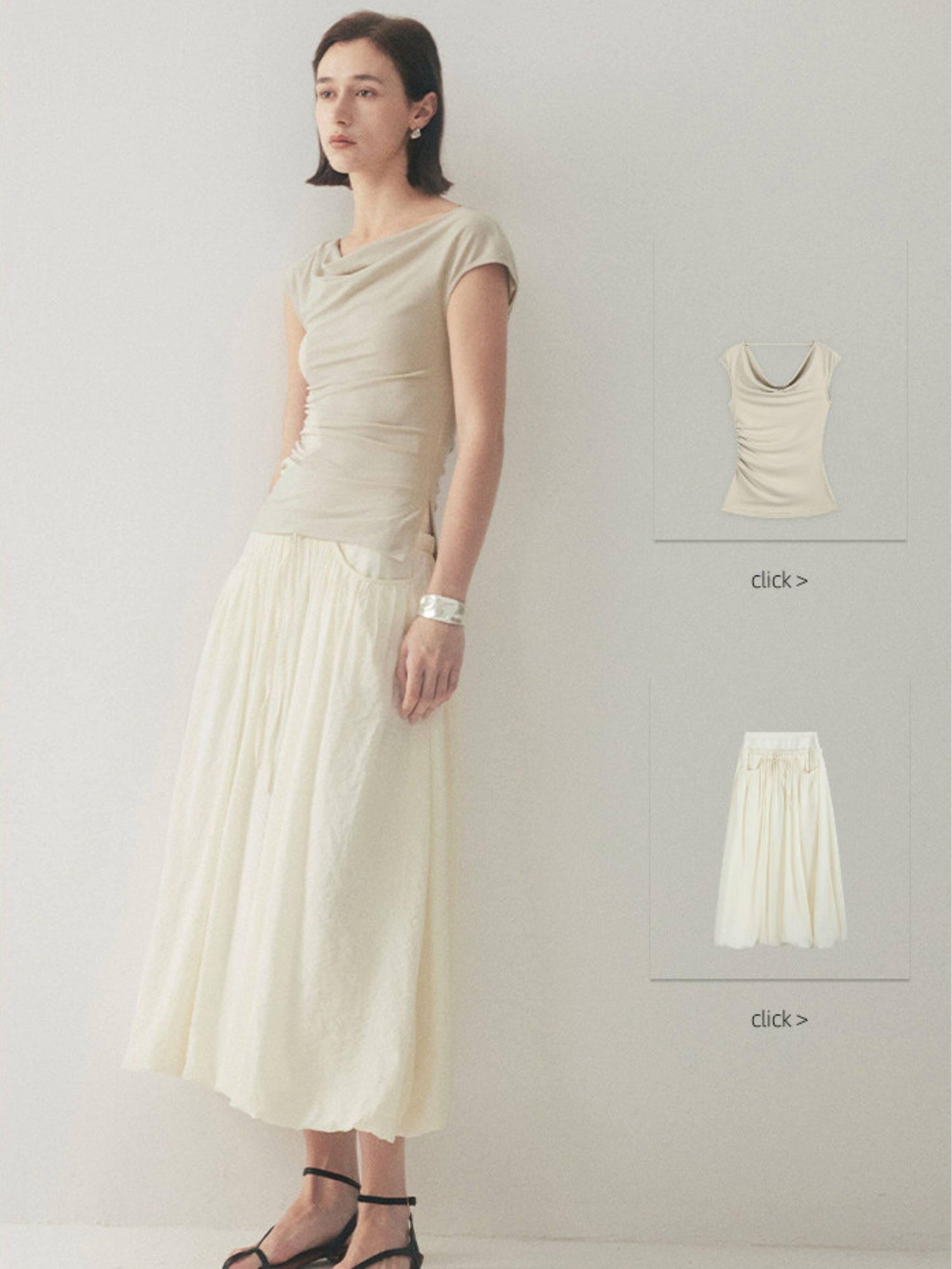 someone sometimes Original Slim Tie Detail Stand Collar Sleeveless Cream Pullover Top & Skirt Sets