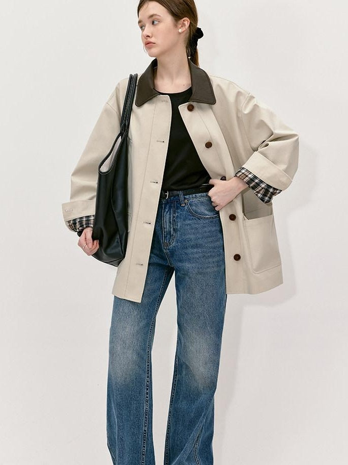 fano Patchwork Loose Fit Korean Casual 100 Percent Cotton Green Khaki Short Coat
