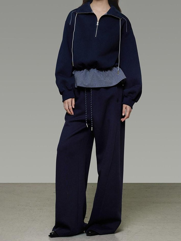 unspoken Breathable Soft Cotton Minimal Mid Rise Drawstring Navy Women Wide Leg Pants