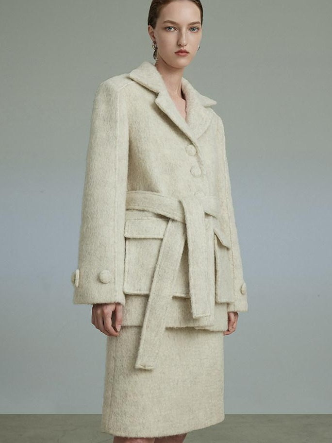 unspoken Porcelain White Wool Blend Minimal Office Single Breasted Notch Top & Skirt Sets