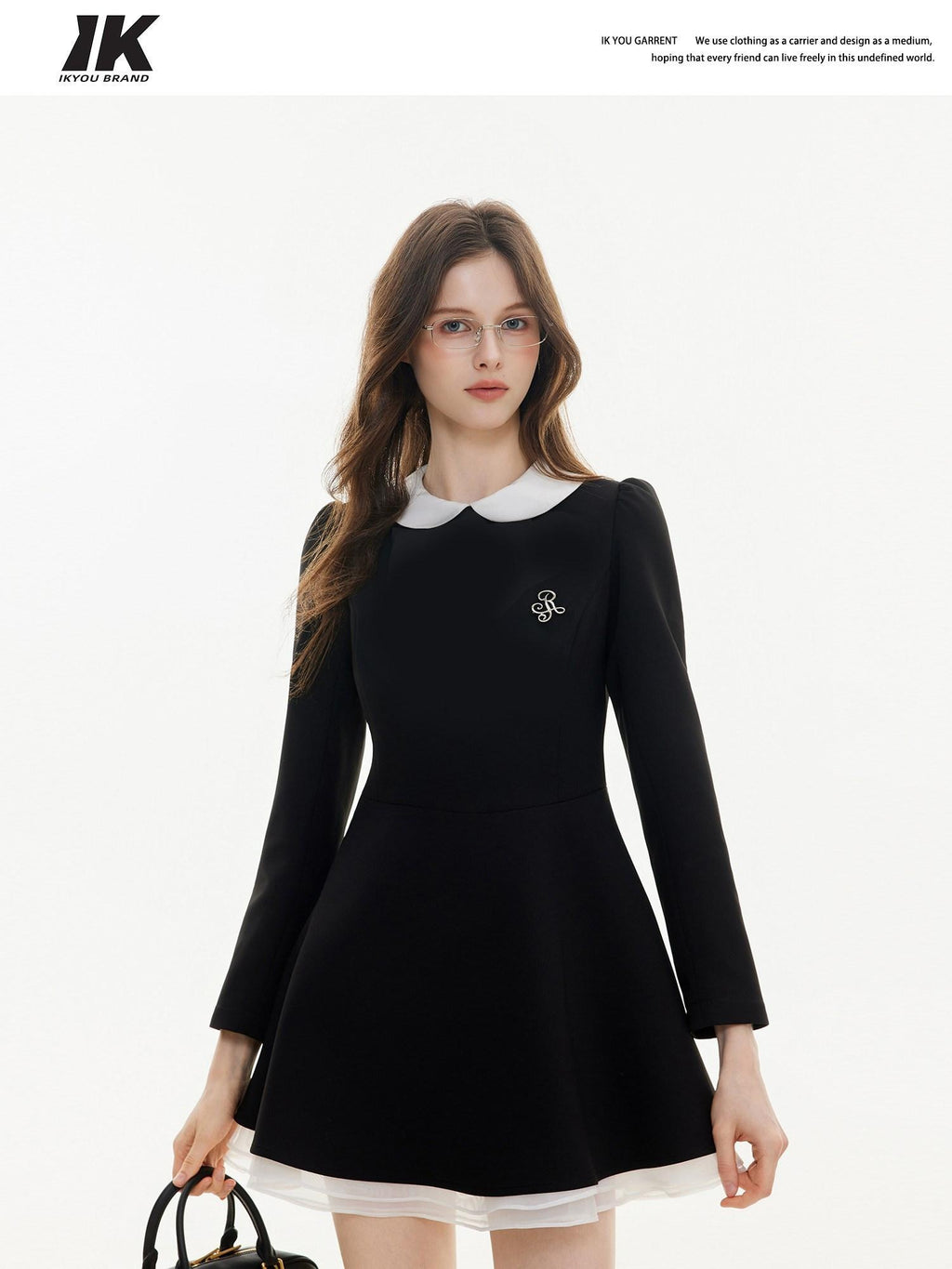 ikyou Elegant Mesh Princess High Waist Doll Collar A Line Black Midi Dresses