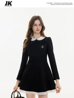 ikyou Elegant Mesh Princess High Waist Doll Collar A Line Black Midi Dresses