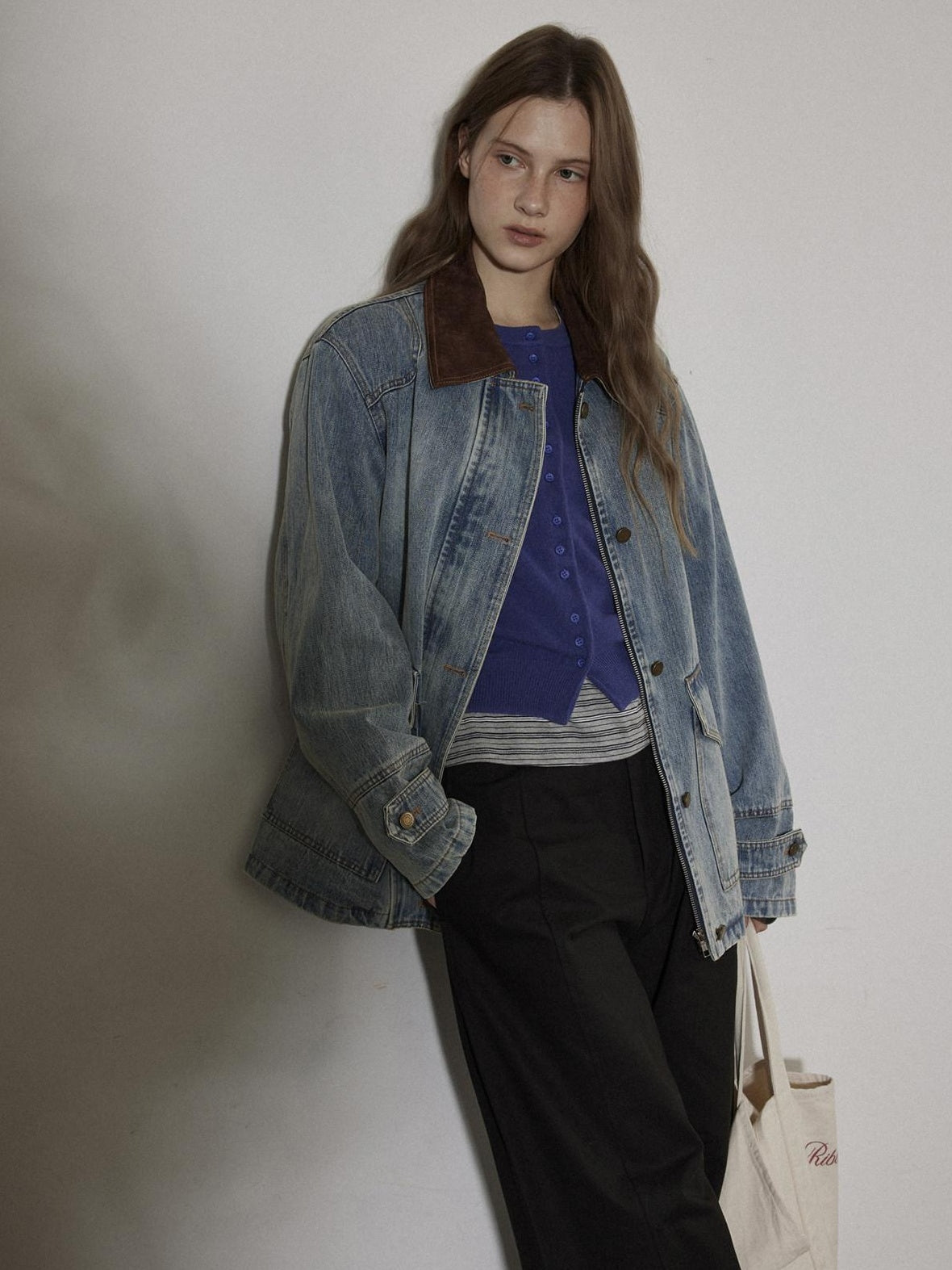 Lofi choose Cotton Colorblock Loose Fit Women Button Midlength Blue Denim Jackets