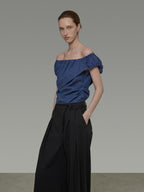 unspoken Wrinkle Resistant Minimalist Slim Asymmetrical Boat Neck Women Blue Blouses