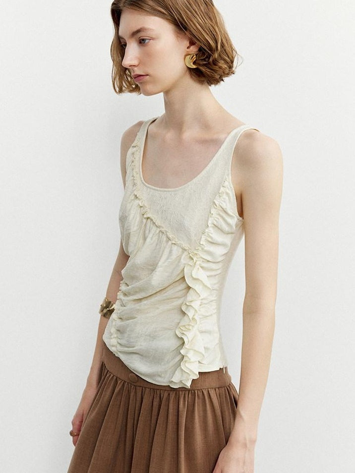 someone sometimes Ruffled Lettuce Edge Slim Fit Original Design Viscose Blend Cream Tank Tops