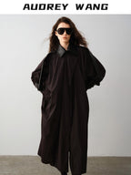audreyyang Long Polyamide Patchwork Trench Decorative Tabs Women Black Trench Coats