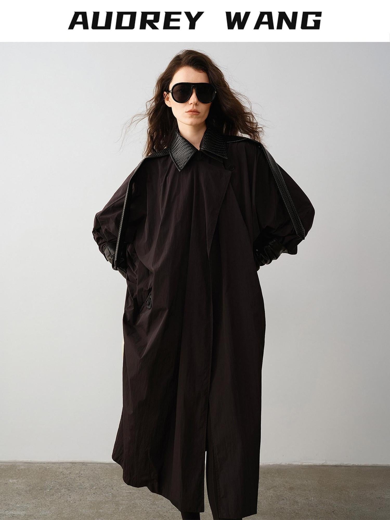 audreyyang Long Polyamide Patchwork Trench Decorative Tabs Women Black Trench Coats
