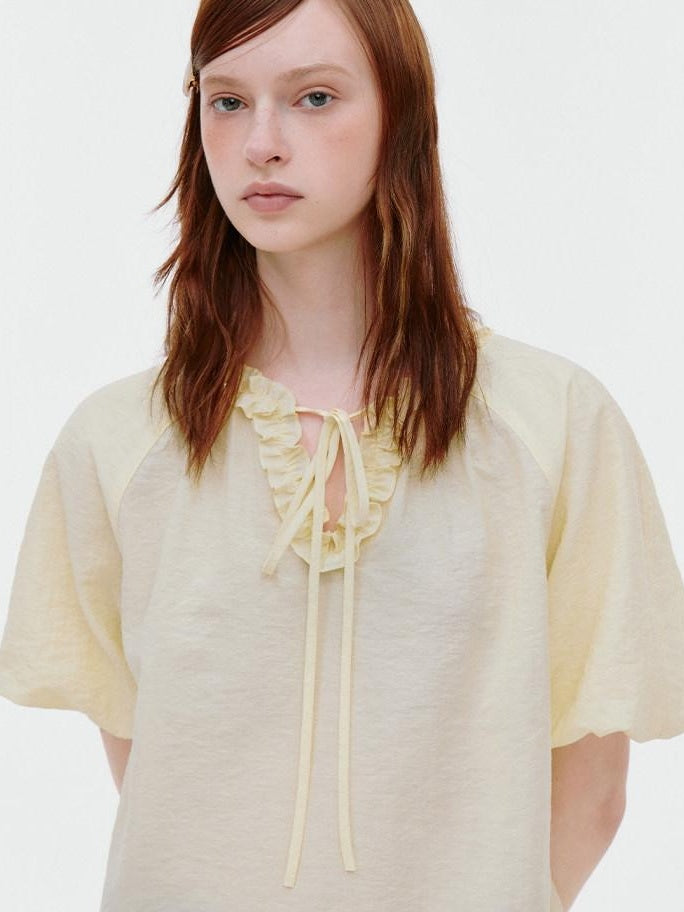 fano Yellow Tie Front Viscose Linen Blend Relaxed Korean Short Sleeve Women Blouses