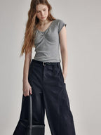 fano V-neck Drawstring Cotton Blend Minimal Straight Women Short Sleeve T-Shirts