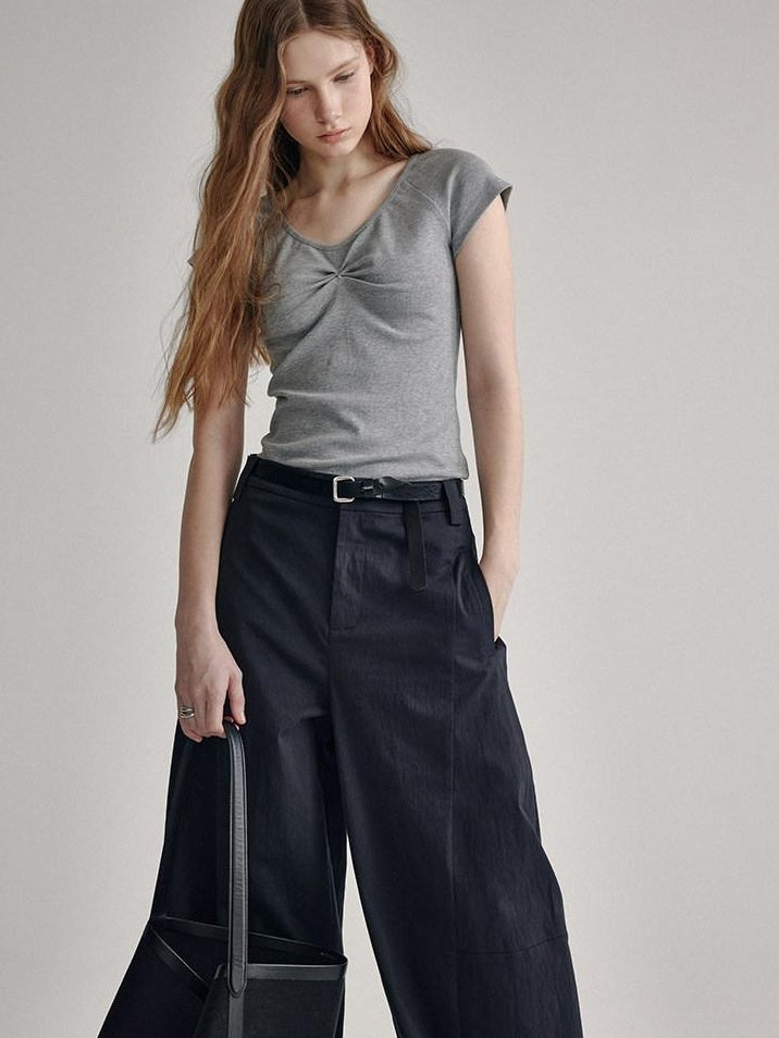 fano V-neck Drawstring Cotton Blend Minimal Straight Women Short Sleeve T-Shirts