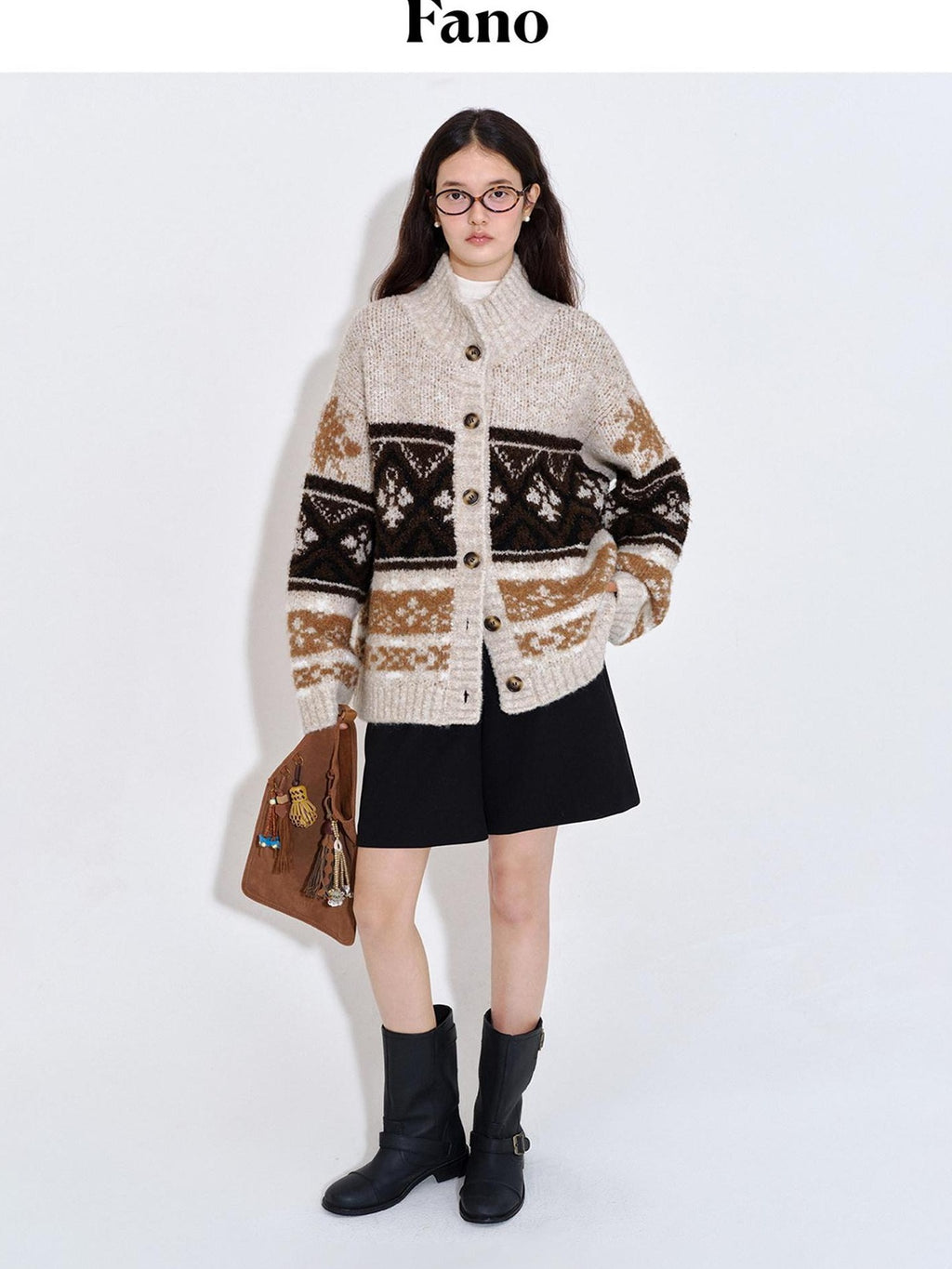 fano Cozy Thermal Wool Blend Commuter Relaxed Fit Mock Neck Striped Oatmeal Cardigans