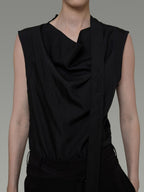 unspoken Breathable Viscose Tie Neck Sleeveless Loose Commuter Chic Women Black Blouses
