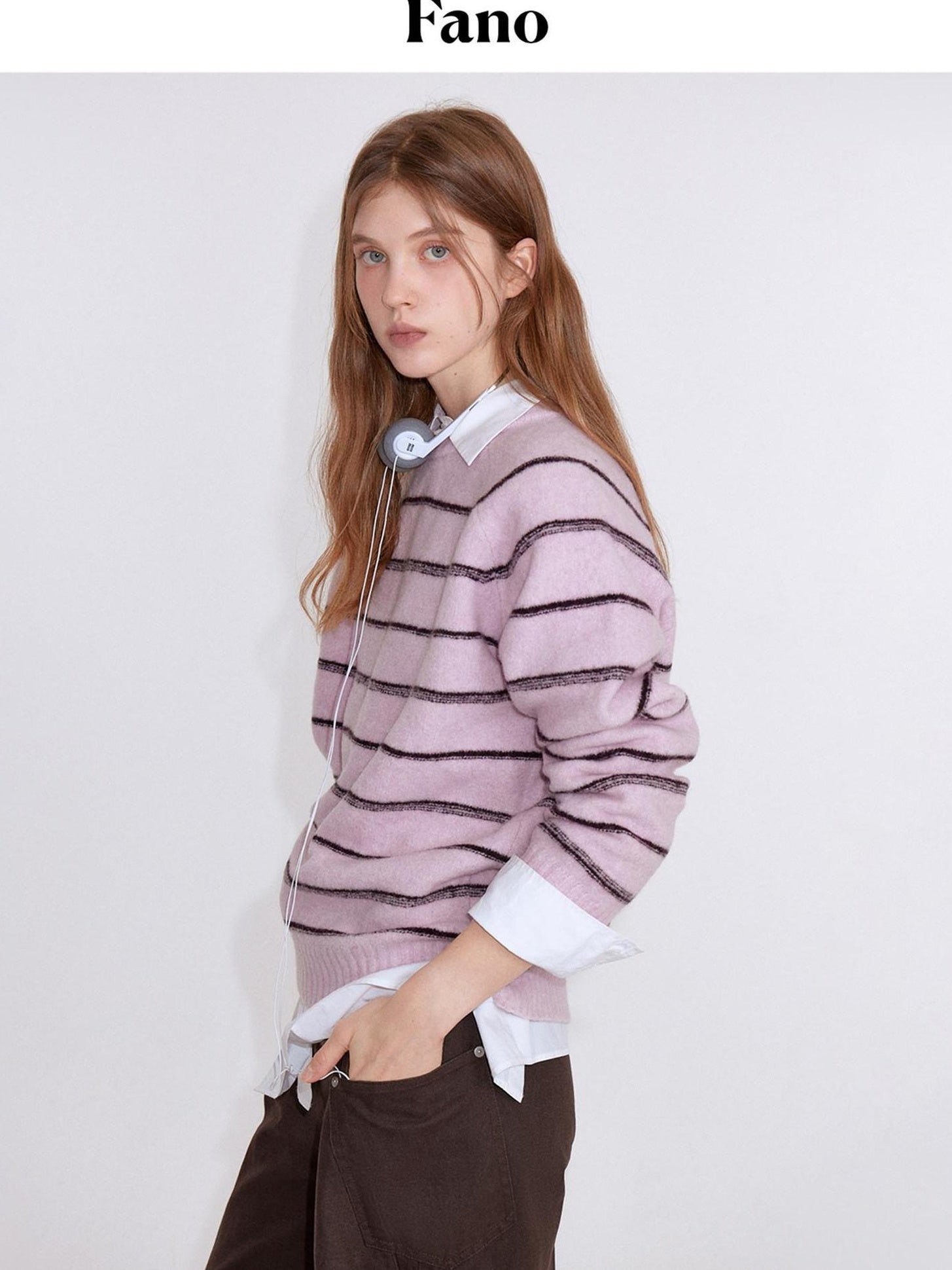 fano Soft Wool Blend Striped Cardigan Loose Fit Commuter Women Pink Knitted Sweaters