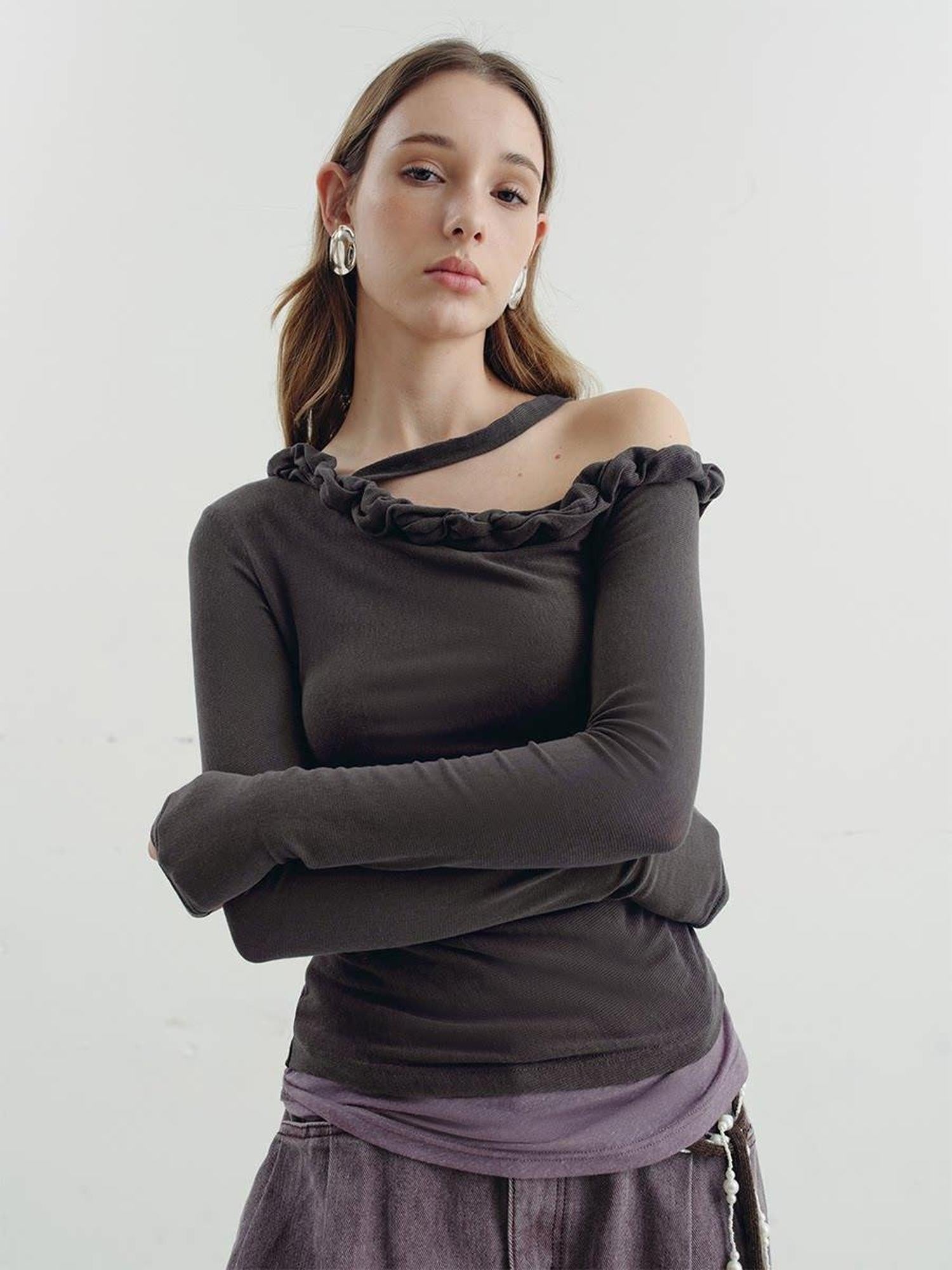 someonesometimes Lyocell Linen Blend Asymmetric Neckline Slim Fit Women Long Sleeve T-Shirts