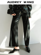 audreyyang Premium High Waist Viscose Zipper Light Luxury Women Black Straight Pants