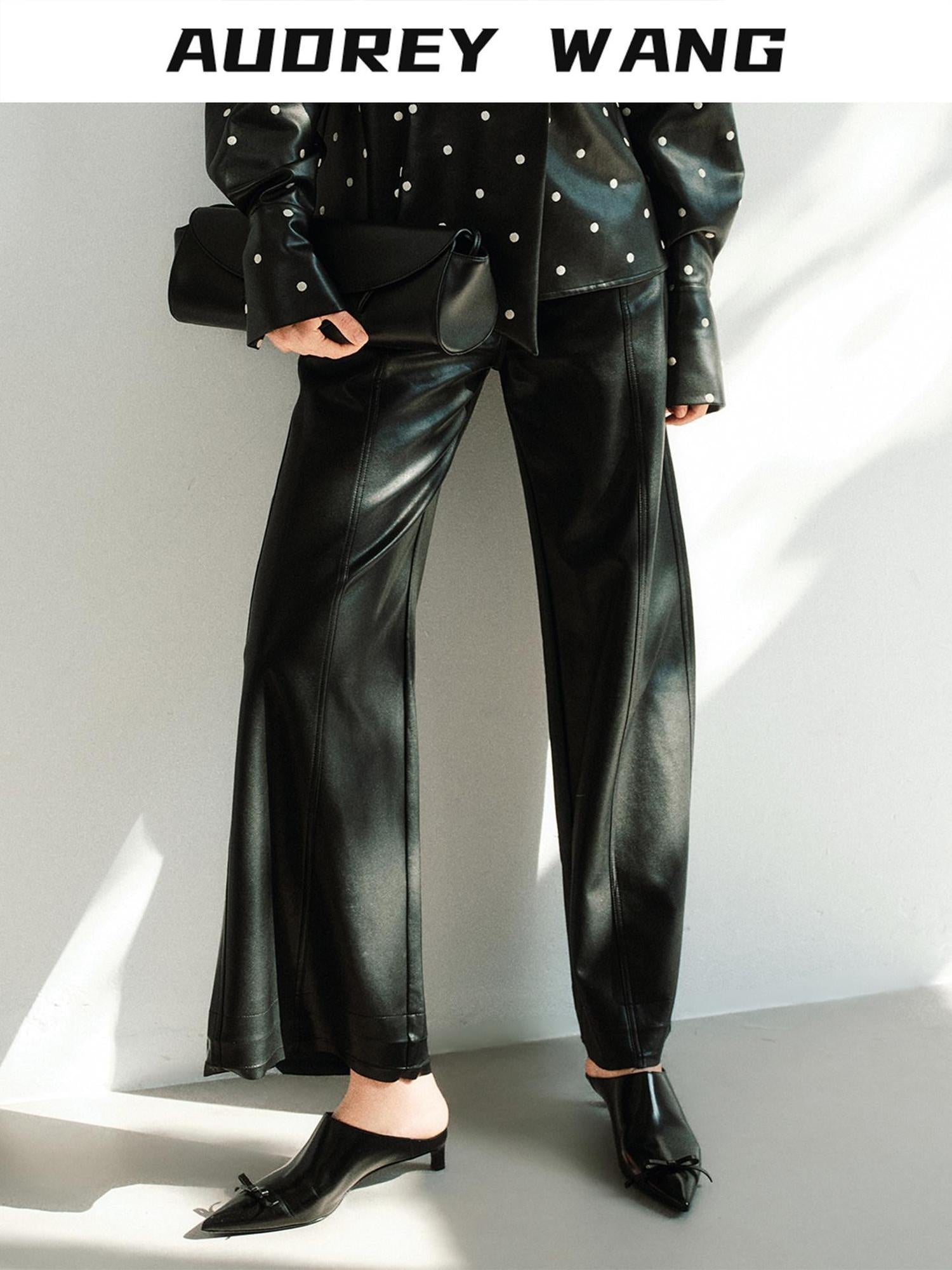 audreyyang Premium High Waist Viscose Zipper Light Luxury Women Black Straight Pants