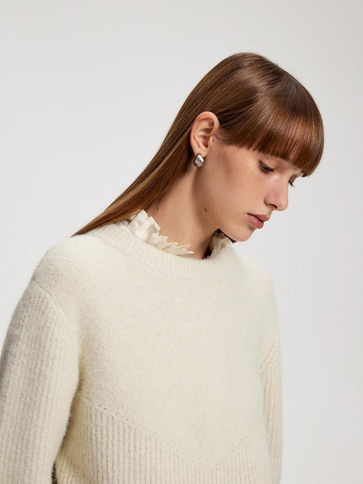 someone sometimes Recycled Viscose Wool Blend Commuter Crew Neck Pullover Cream Sweaters