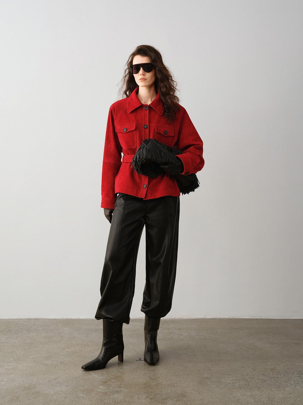 audreyyang Premium Lambskin Loose Fit Lapel Button Women Chinese Red Cropped Jackets
