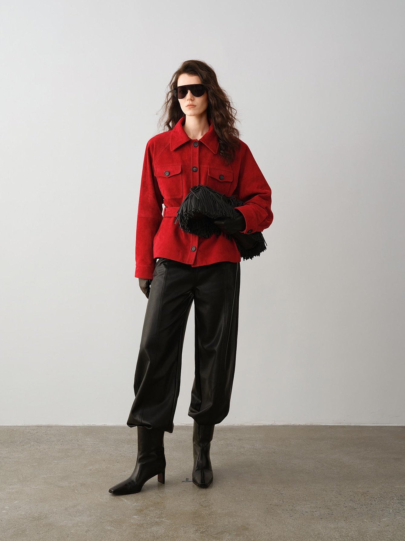 audreyyang Premium Lambskin Loose Fit Lapel Button Women Chinese Red Cropped Jackets